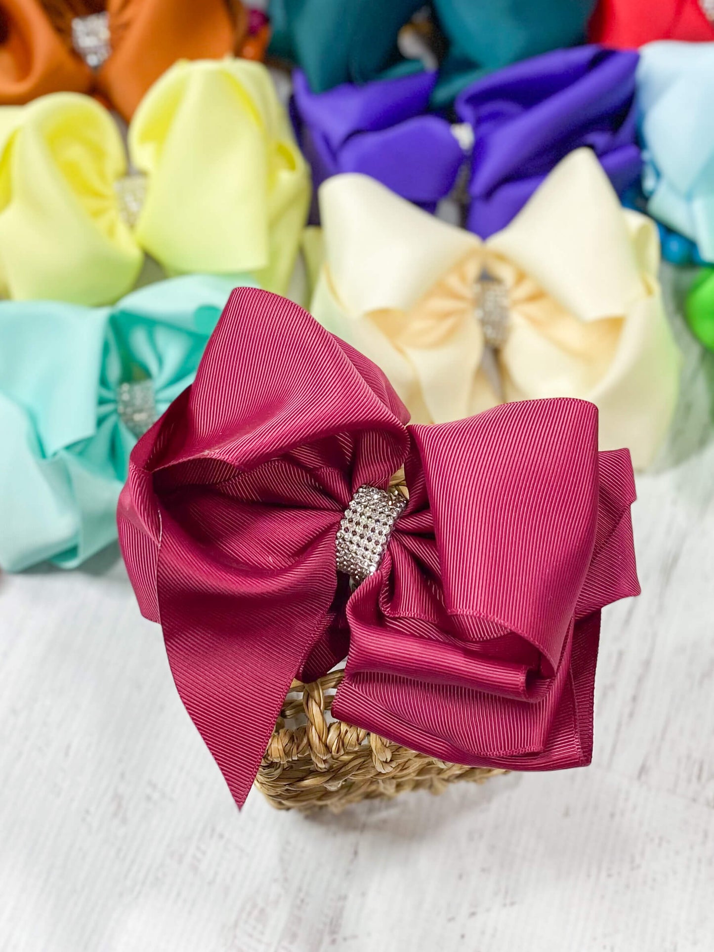 Oversize Rhinestone Hair Bows - French Clip - 5.5"