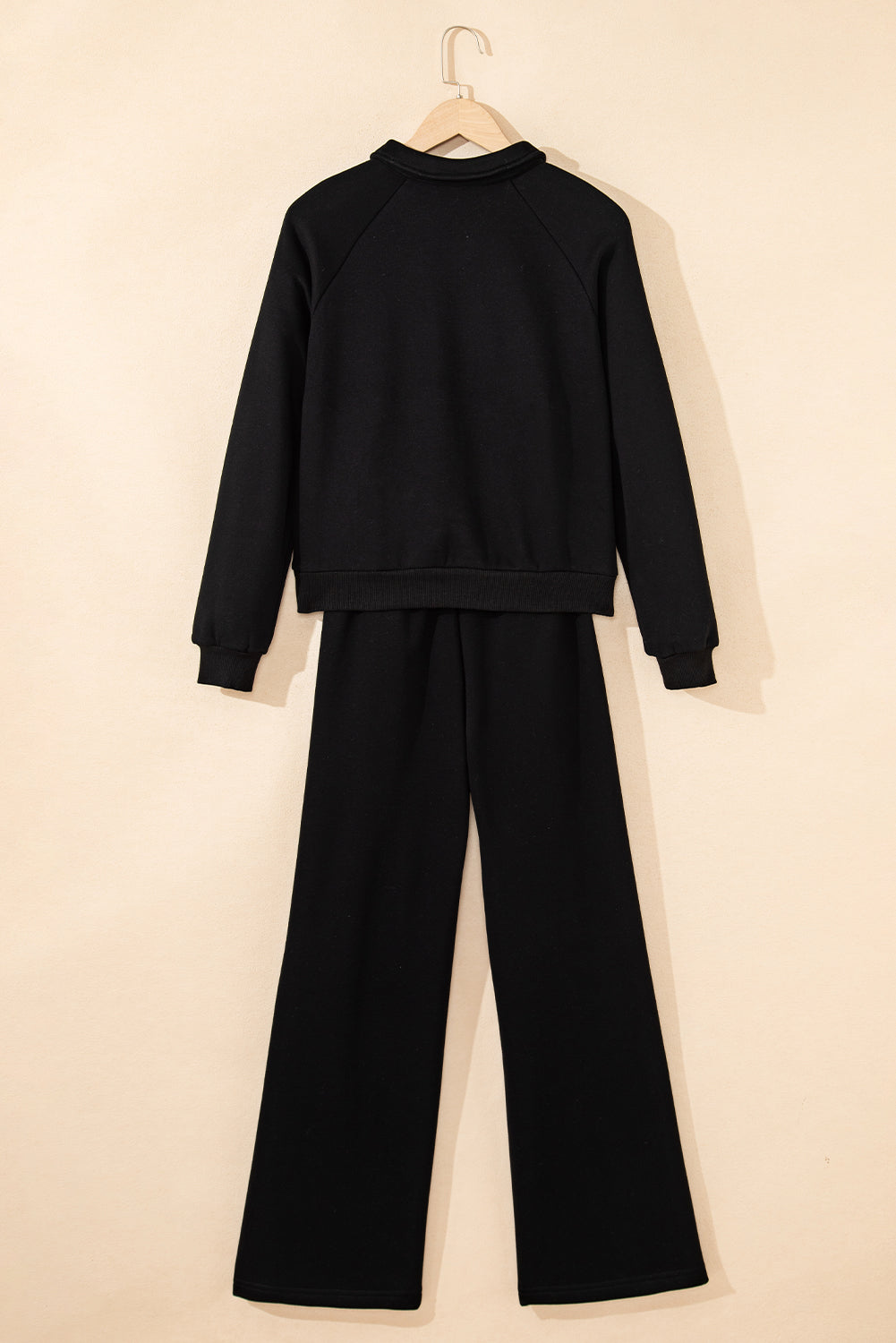 Black Solid Collared Sweatshirt and High Waist Pants Active Set