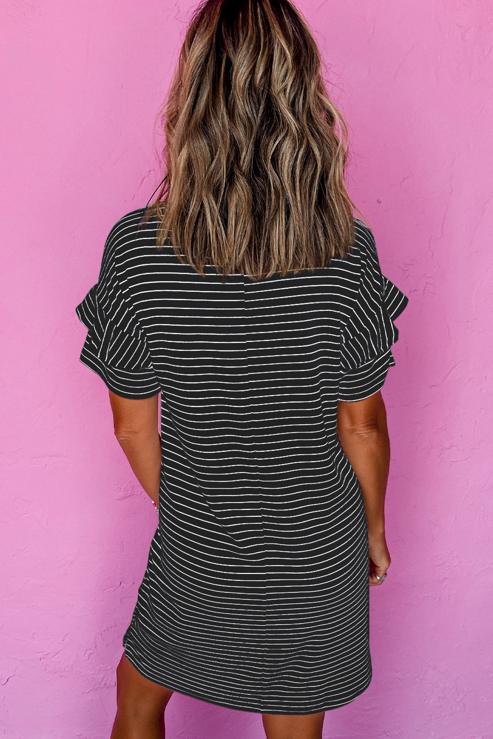 White Stripe Ruffled Short Sleeve Crew Neck T Shirt Shift Mini Dress