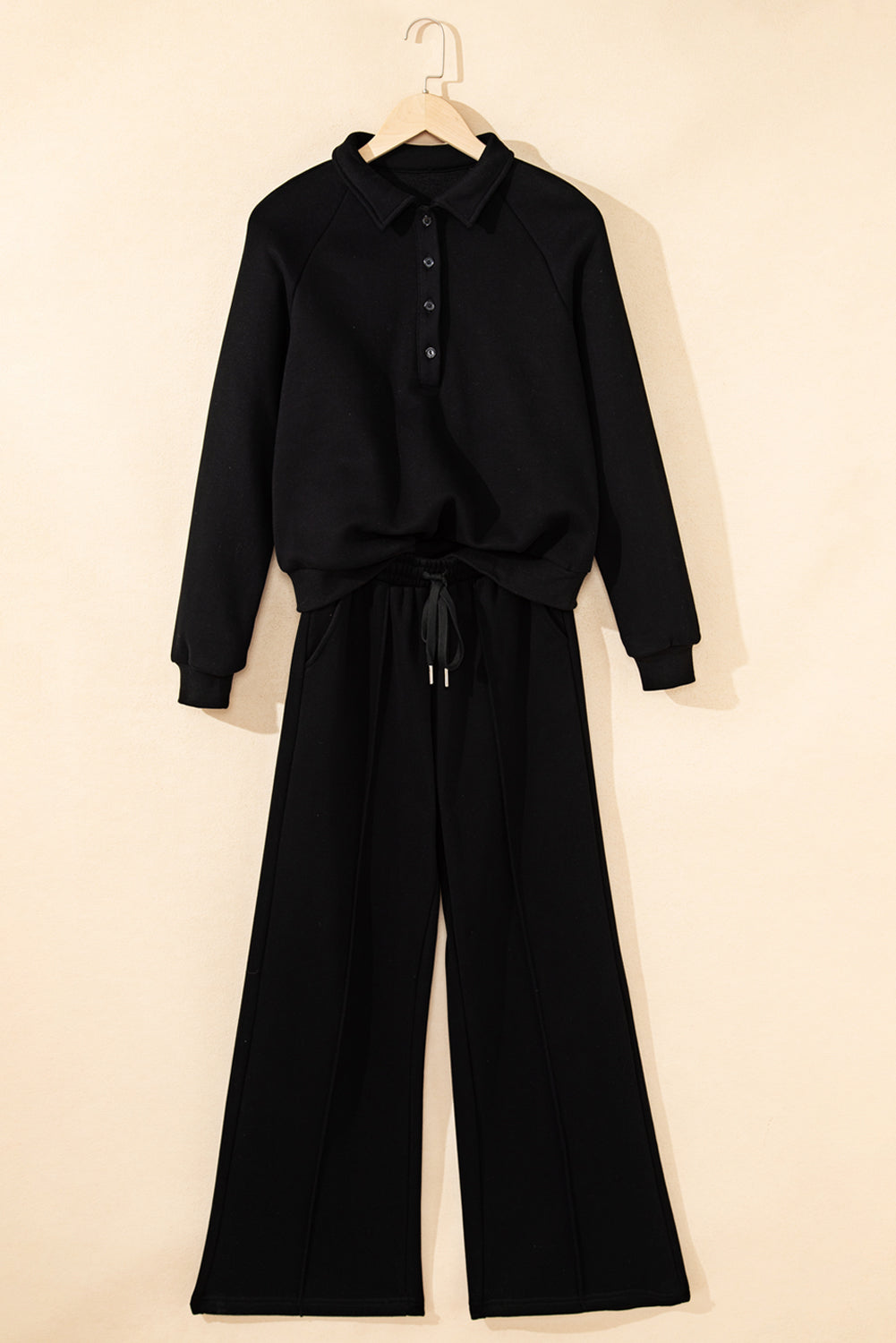 Black Solid Collared Sweatshirt and High Waist Pants Active Set