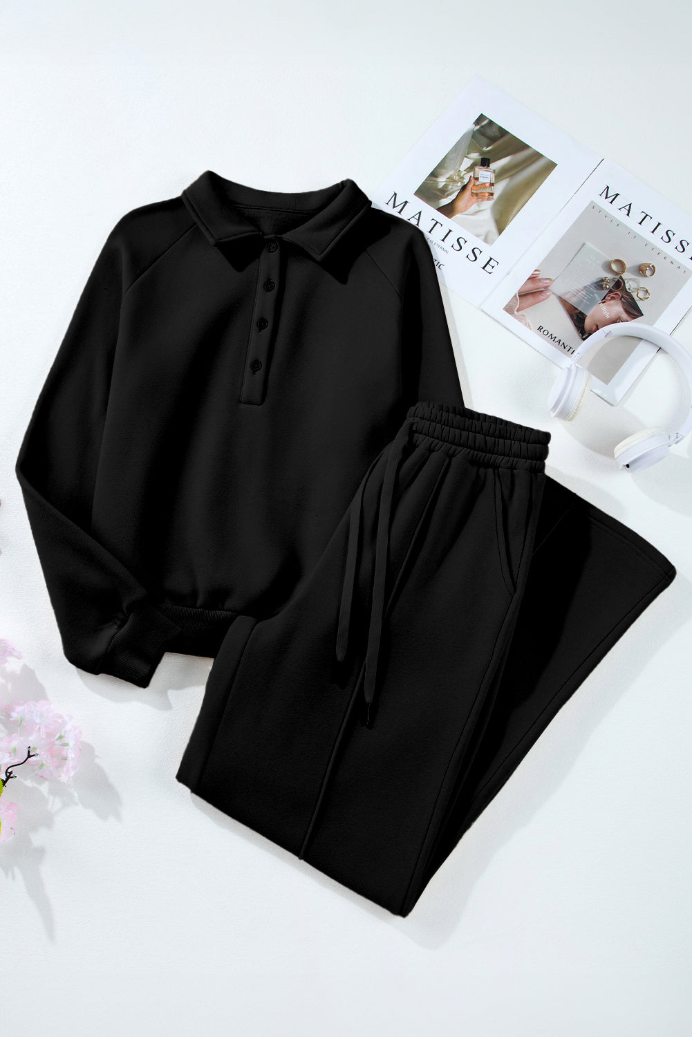Black Solid Collared Sweatshirt and High Waist Pants Active Set