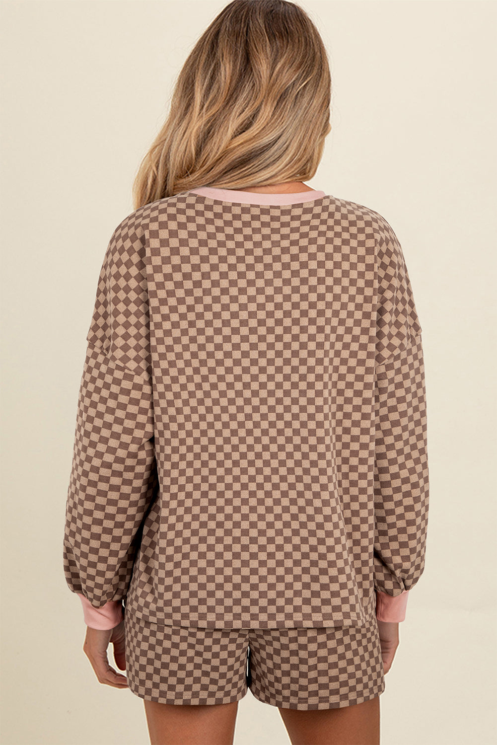 Sky Blue Checkerboard Long Sleeve Pullover and Shorts Set