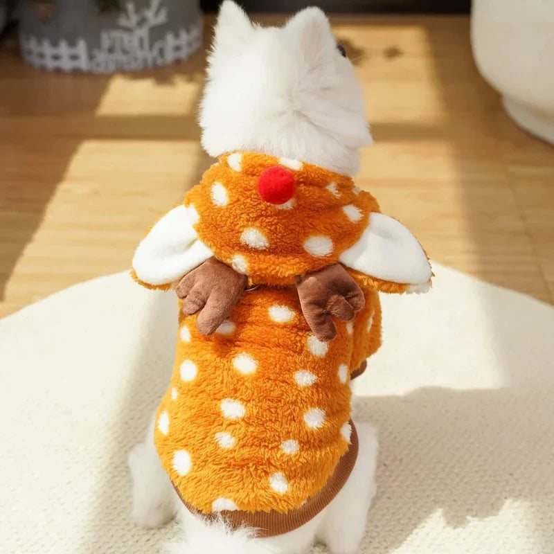 Christmas Reindeer Fleece Dog Hoodie with Antlers
