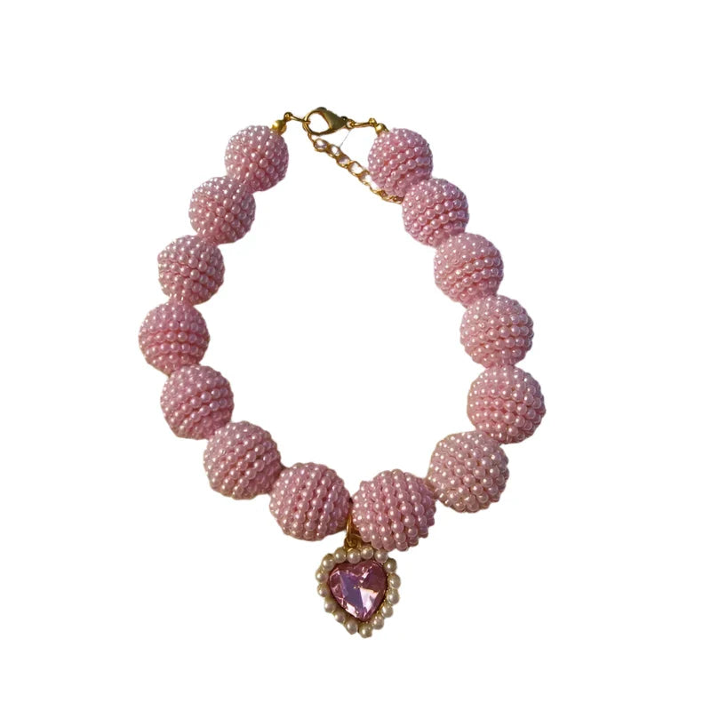 Crystal Heart Colorful Beaded Pearl Dog Necklace