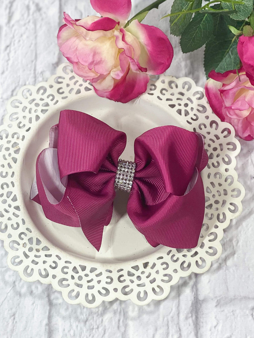 Plum Rhinestone Center Knot Hair Bows (2 Size Options!)