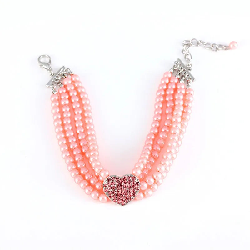 4-Row Pearls Dog Necklace with Rhinestone Heart Pendant