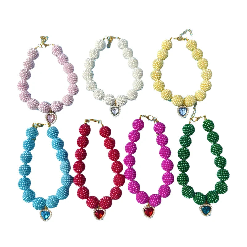 Crystal Heart Colorful Beaded Pearl Dog Necklace