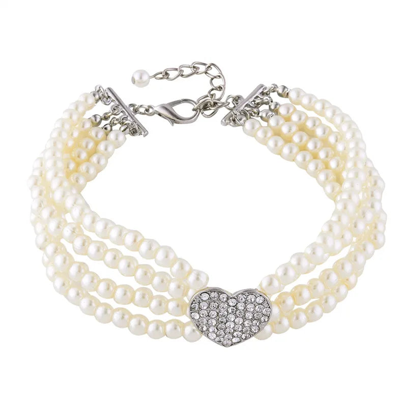 4-Row Pearls Dog Necklace with Rhinestone Heart Pendant