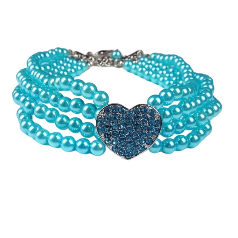 4-Row Pearls Dog Necklace with Rhinestone Heart Pendant