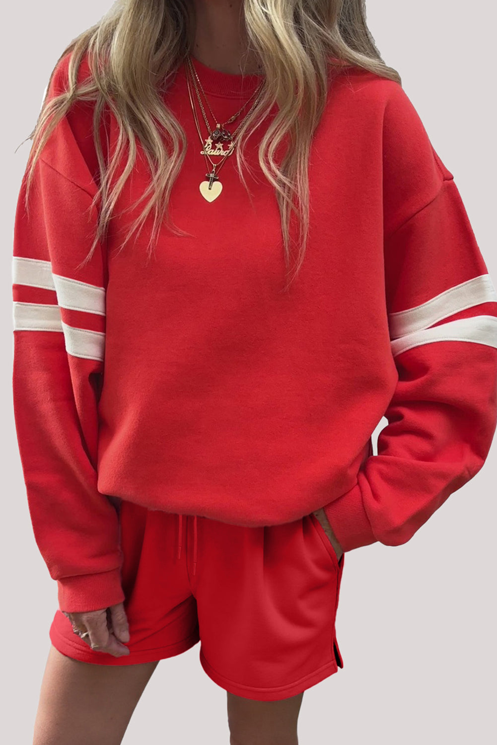 Evergreen Varsity Striped Sleeve Drop Shoulder Sweatshirt and Short Set