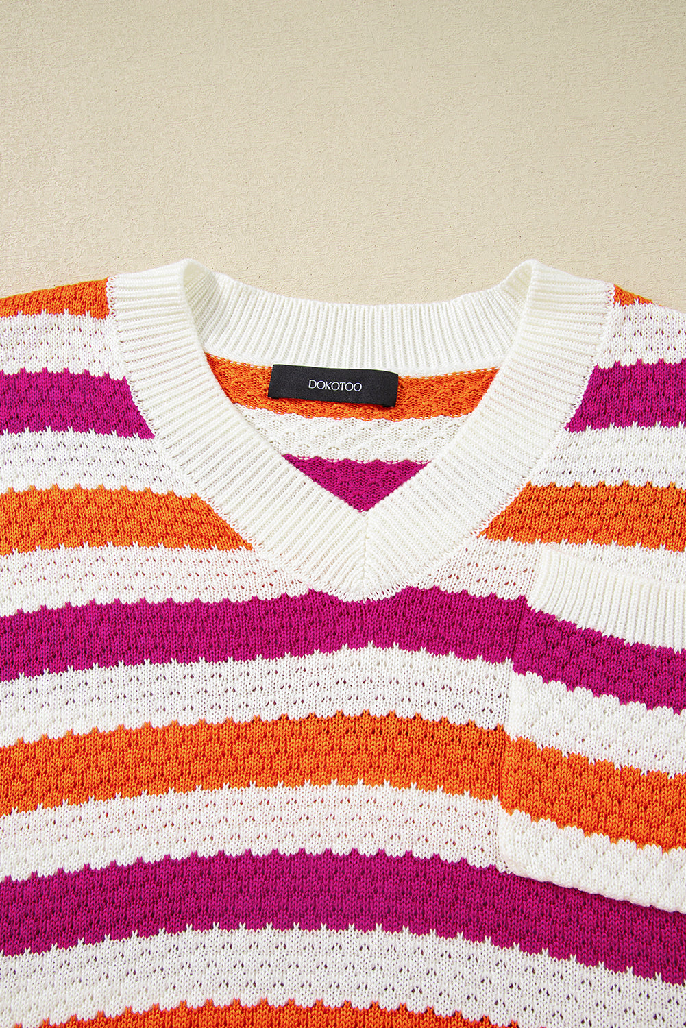 Green Stripe V Neck Short Sleeve Sweater with Side Slits