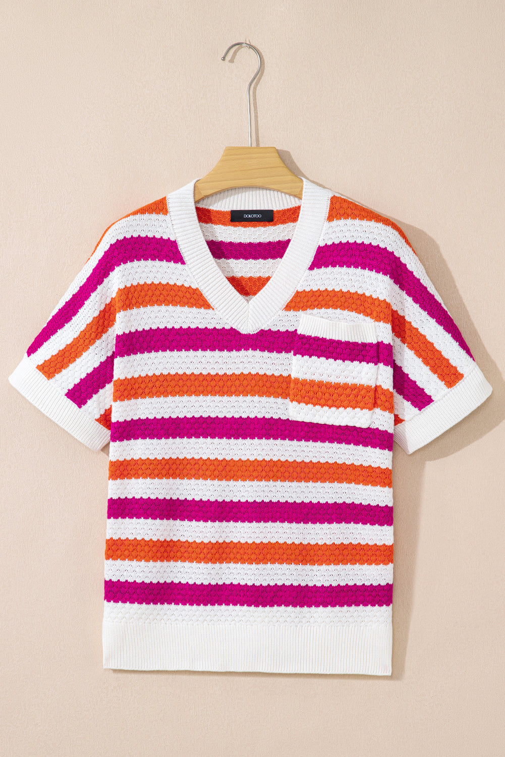 Green Stripe V Neck Short Sleeve Sweater with Side Slits