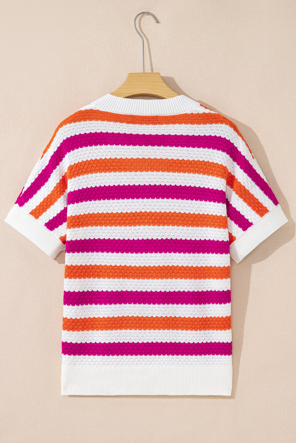 Green Stripe V Neck Short Sleeve Sweater with Side Slits