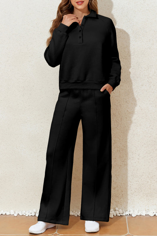 Black Solid Collared Sweatshirt and High Waist Pants Active Set