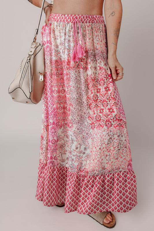 Red Boho Pattern Print Tassel Drawstring Elastic Waistband Maxi Skirt