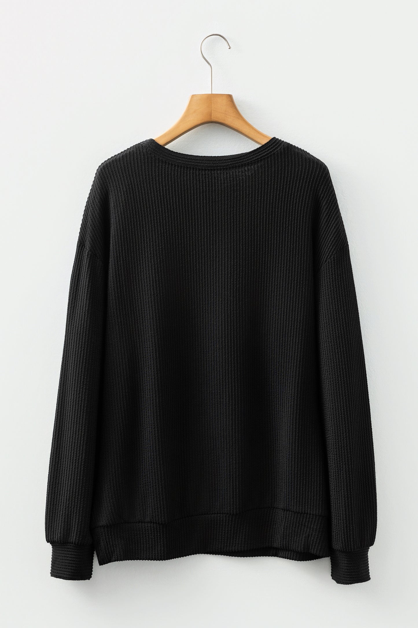 Black Twisted Rib Outlined Merry Letter Graphic Loose Long Sleeve Top