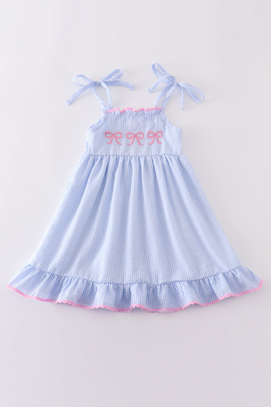 Blue striped seersucker bow embroidery girls dress