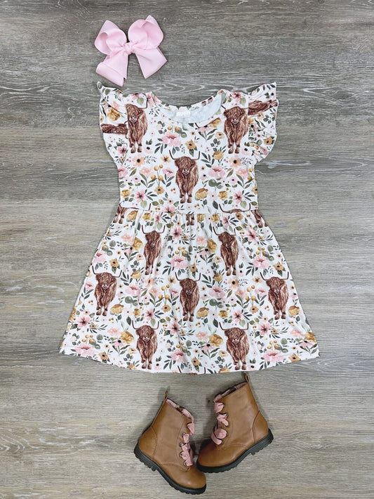 Country Cutie Girls Floral Highland Cow Twirl Dress