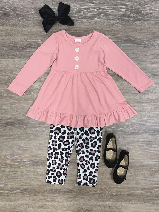 Cozy & Cute Girls Ruffle Tunic Leopard Leggings Outfit