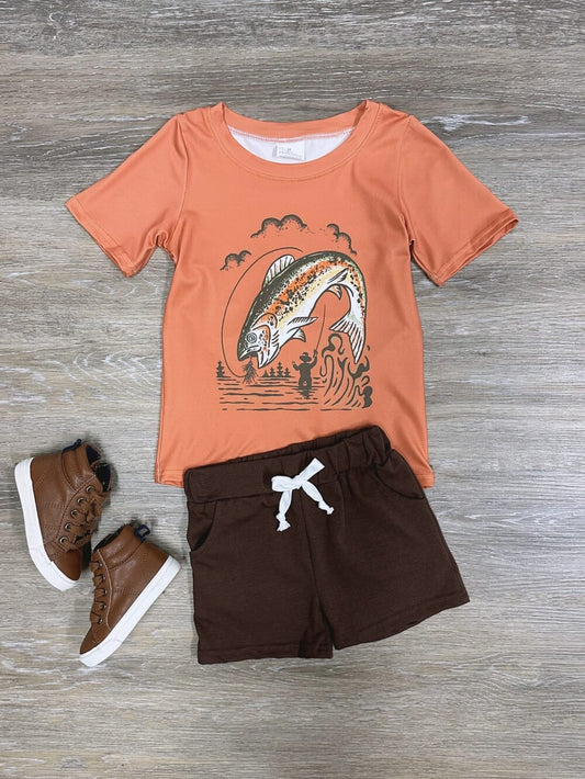 Hooked on Fishing Boys Orange T-Shirt & Shorts Outfit