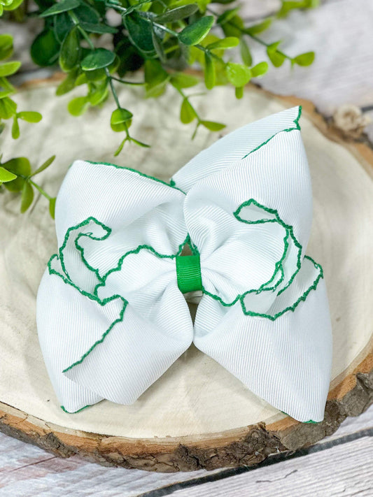 White with Green Moonstitch Hair Bow