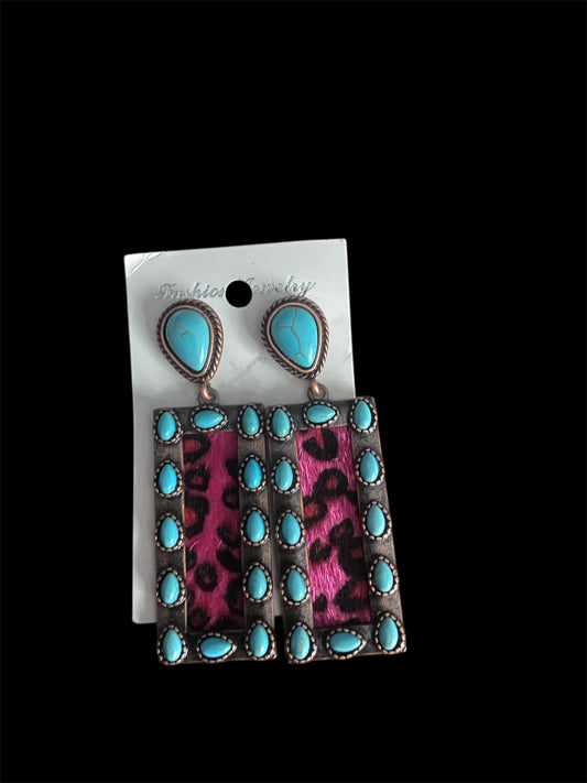 Turquoise & Pink Cowhide Earrings