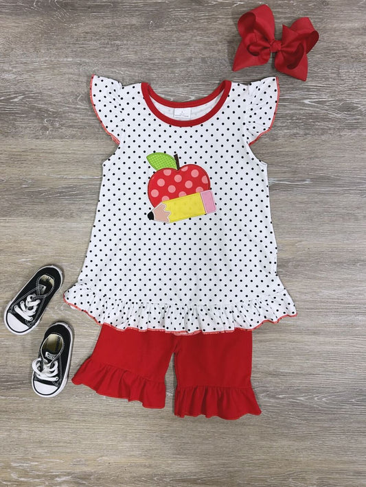 Apple Pencil Back to School Girls Red Ruffle Shorts Outfit