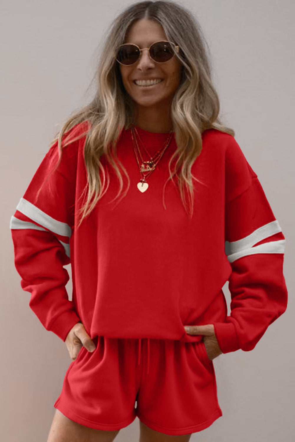 Evergreen Varsity Striped Sleeve Drop Shoulder Sweatshirt and Short Set