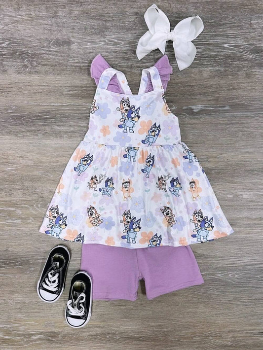 Blue Dog Criss Cross Tank Girls Lavender Shorts Outfit