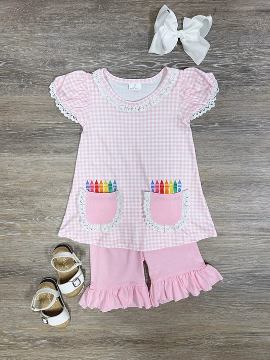 Crayon Pocket Shirt Ruffle Shorts Girls Back to School Outfit