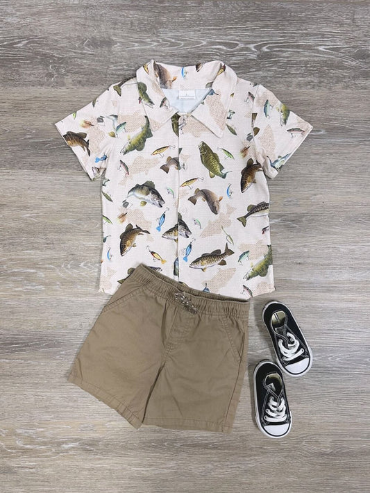 Fish Print Boys Short Sleeve Button Down Shirt