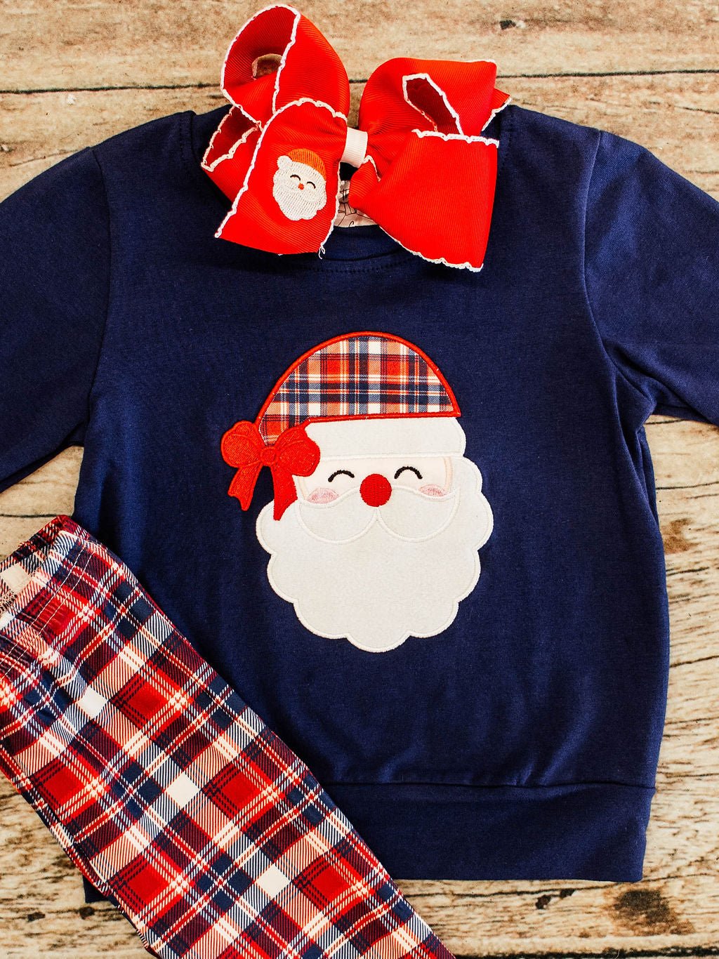 Navy Plaid Santa Girls Bell Bottom Set