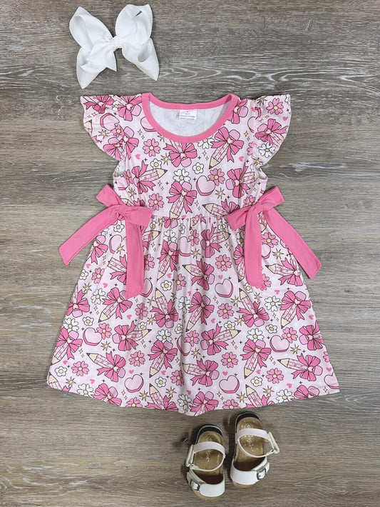 Pretty Pink Bow Pencil Girls Back to School Dress