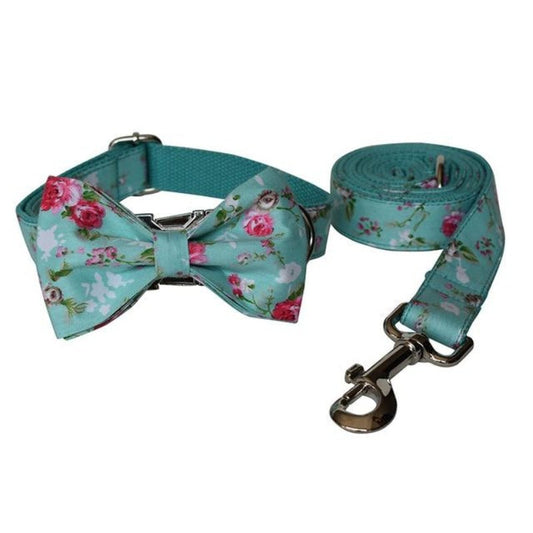 Floral Roses Bow Tie Dog Collar & Leash Set