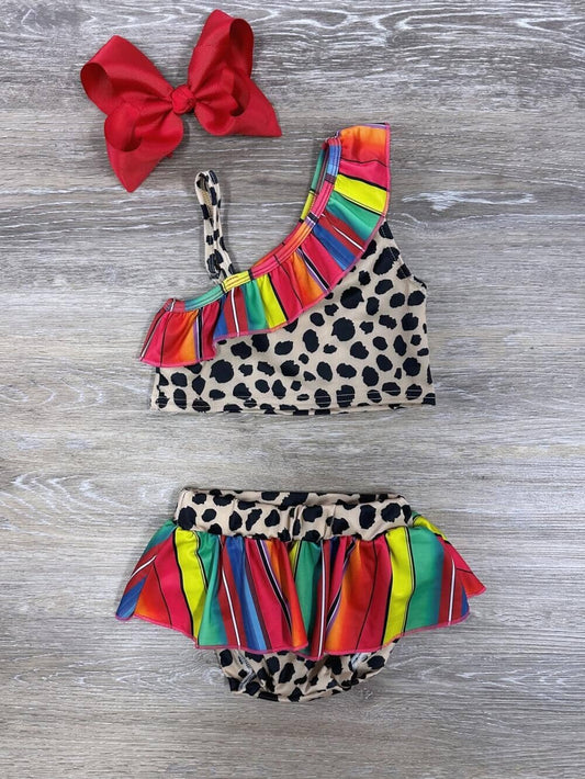 Bright Stripes & Animal Print 2 Piece Girls Skirted Swimsuit Set