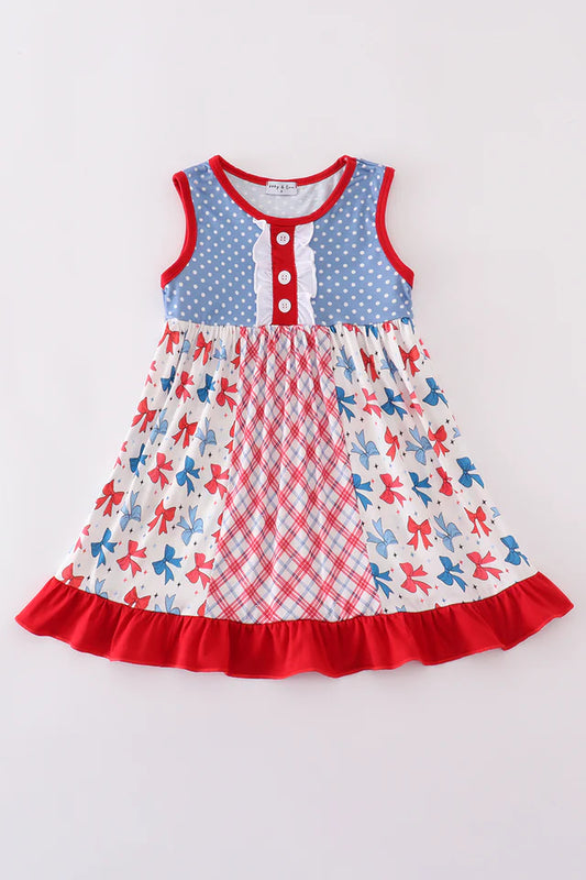 Blue bow print ruffle dress