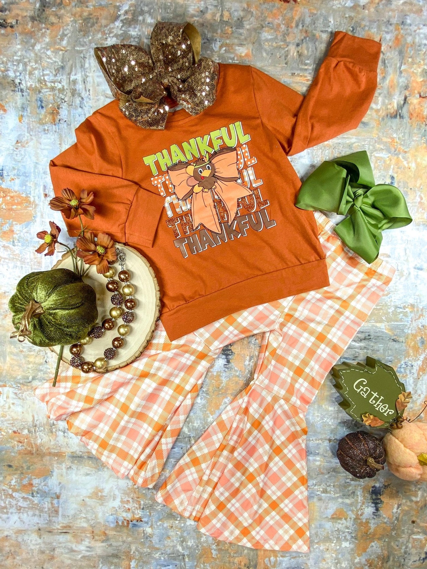 Thankful Bow Plaid Bell Bottom Set